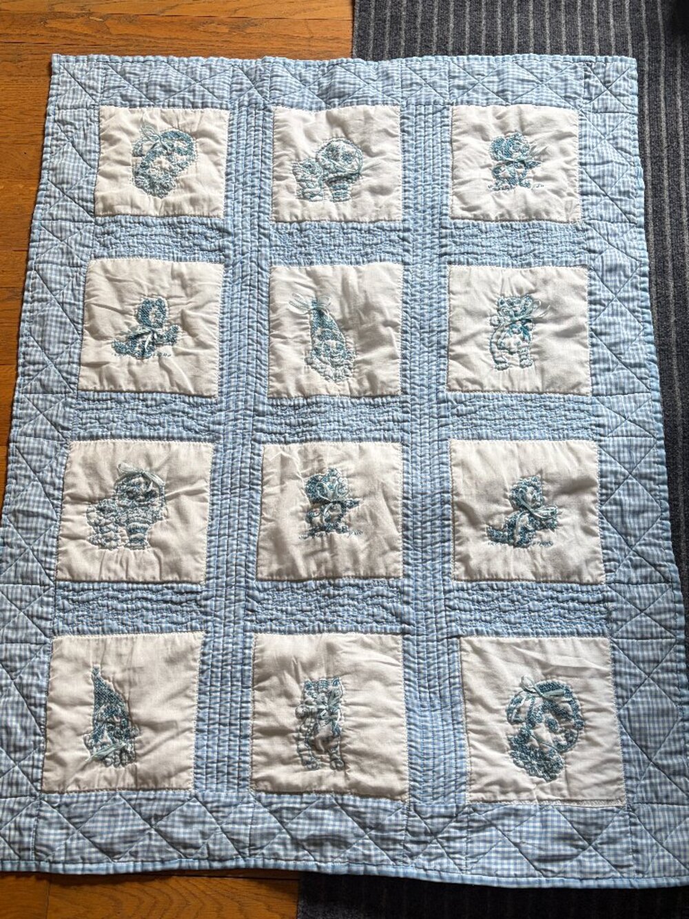 Baby Quilt Vintage Handmade Cross Stitched Hand Stitched 34” x 44” Vintage